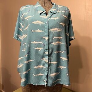 Modcloth Shark Print Casual Blue Shirt Size XL